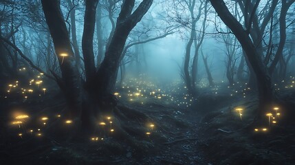 ethereal dark forest with luminous mushrooms illuminating a mysterious path through deep blue mist. Ideal for fantasy, magical themes, and tranquil backdrops