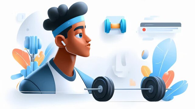A cartoon character lifting weights, wearing headphones and a headband, with gym equipment in the background.