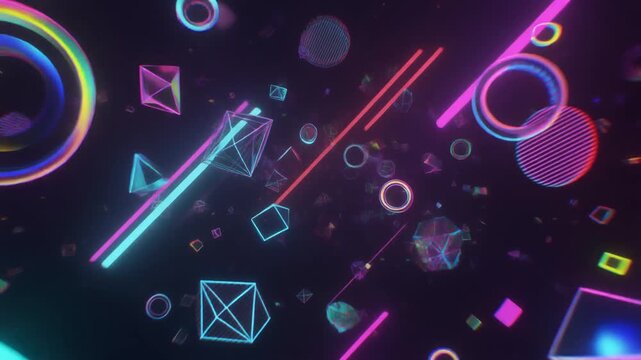 Vibrant neon geometric shapes&mdash;cubes, rings, pyramids, and holographic elements&mdash;floating in dark futuristic space. A fusion of 2D and 3D design with glowing gradients, cyberpunk colors, and digital-tec