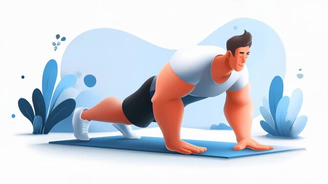 A cartoon man doing push-ups on a yoga mat in a bright, playful environment with plants in the background.