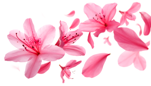 Delicate Pink Azalea Blossoms and Petals Floating Gently on White