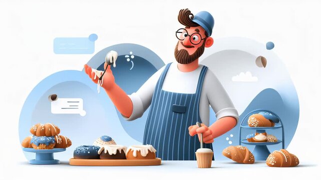 A cartoon baker with glasses and a beard engaging in pastry decoration, surrounded by baked goods and a pastel backdrop.