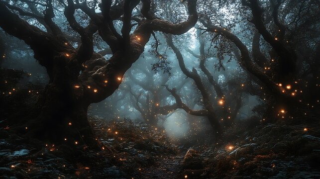 enchanted woodland with majestic trees, glowing lights, and a misty path, evoking a sense of wonder and mystery. Perfect for fantasy
