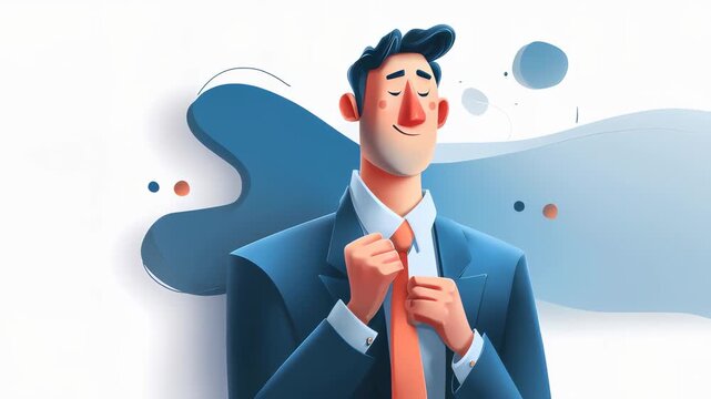 A confident man adjusting his tie, dressed in a suit against an abstract blue background.