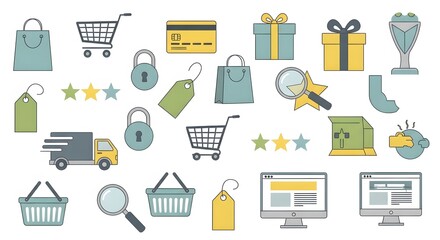 E-commerce and Online Shopping Flat Icons Collection perfect for website banner, app interface, digital marketing campaigns, e-commerce platforms,