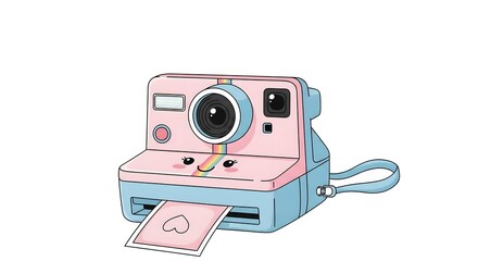 Fototapeta premium Cute Kawaii Pink Instant Camera Illustration with Heart Photo perfect for social media graphic, website design, children's products, sticker, print,