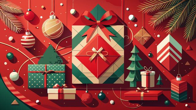 Festive Christmas gifts and ornaments creating a joyful holiday spirit, perfect for seasonal promotions, greetings, and warm wishes during the holidays