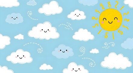 Cheerful Cartoon Sky with Smiling Sun and Kawaii Clouds perfect for children's book illustration, nursery decor, web design, app background, greeting