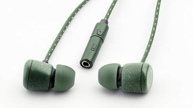 Eco friendly digital products green wired earphones with microphone and speckled or braided cable design for sustainable audio experience and modern