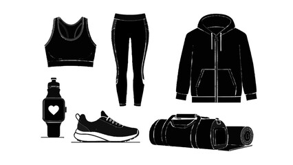 Vector illustration of collection of black and white fitness and workout apparel and accessory icons isolated on transparent background