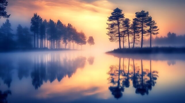 serene atmospheric landscape features silhouetted trees shrouded in mist over a calm lake, with vivid reflections and a colorful sky for nature, tranquility, and travel concepts