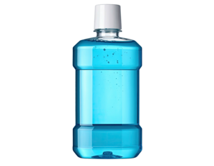 A translucent blue liquid in a bottle with a white cap, isolated on black