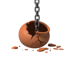 Broken terracotta pot dangling by a chain against a black backdrop, with scattered shards