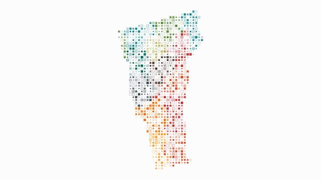 Vermont animated shape. Pulsating colored dots on the map of the state. Small size square blocks. Digital style Vermont map on white background. Beautiful animation video.