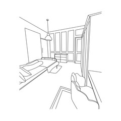 Detailed Line Art Sketch of a Modern Interior Room