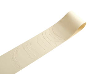 Beige ribbon with textured lines, curling up, against a black background