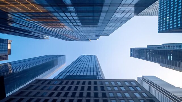 A Panoramic Perspective: Skyscrapers Ascending Towards a Limitless Blue Sky, Urban Marvel