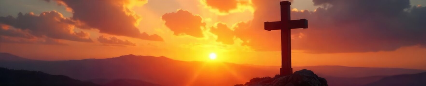 A symbolic depiction of Christian salvation; a cross silhouetted against a sunrise, conveying hope, redemption, and new beginnings , silhouette, belief