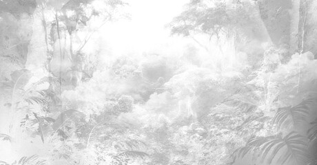 Tropical forest landscape , Trees and leaves wallpaper , Tropical wallpaper . wallpaper abstract forest background mural art . Misty Grayscale Jungle Landscape with Overlapping Clouds © one