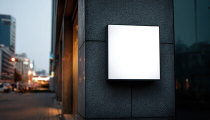 Blank black square sign mounted on textured dark wall outdoors. Building entrance blurred background, urban setting at dusk. Modern graphic display panel for info. High quality