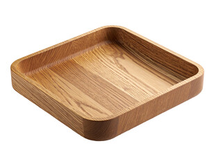 A square, wooden tray with rounded corners, shown on a black background