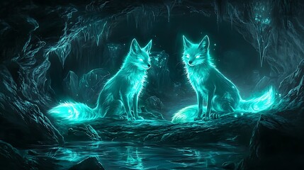 Two glowing cyan foxes illuminate a dark, icy cave with shimmering reflections in the water below. This digital art evokes mystery and fantasy, ideal for themed designs