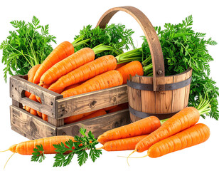Freshly harvested carrots with vibrant greens are displayed in wood crates and a basket