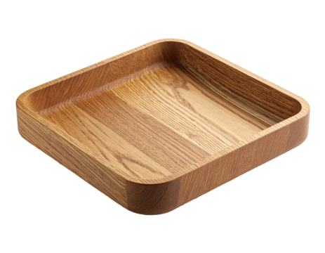 A square, wooden tray with rounded corners, shown on a black background