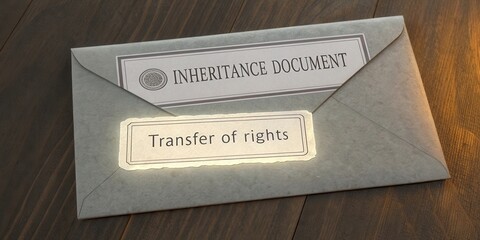 Obraz premium Envelope containing inheritance document with transfer of rights label on wooden surface for legal and financial themes