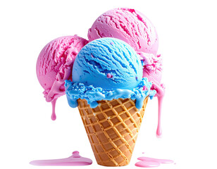 Three colorful ice cream scoops cascading over a waffle cone, black background