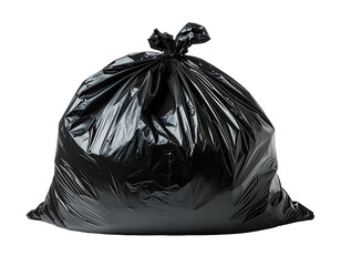 A large, tightly knotted, black plastic bag, full and ready for disposal