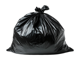 A large, tightly knotted, black plastic bag, full and ready for disposal