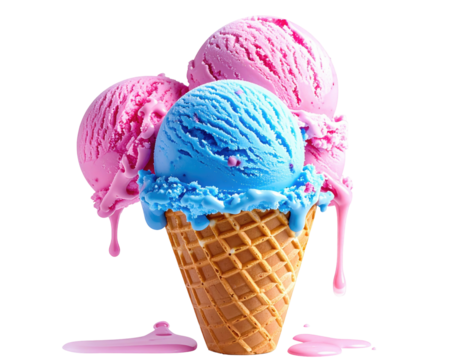 Three colorful ice cream scoops cascading over a waffle cone, black background