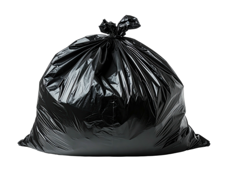 A large, tightly knotted, black plastic bag, full and ready for disposal