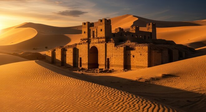 Ancient desert fortress silhouetted against the golden hour in the vast sandy landscape - Powered by Adobe