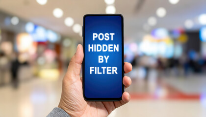 Frustrating online content moderation concept with hand holding smartphone showing post hidden by filter. Advanced ai technology manages social media censorship