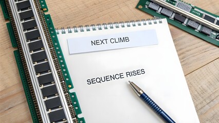 Circuit board components and a notebook with next climb text