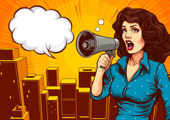 comic book style woman blue shirt speaking into a loudspeaker with city background. Pop art intricate lines. Good for print or teaching materials, vector design. Not generated by AI.