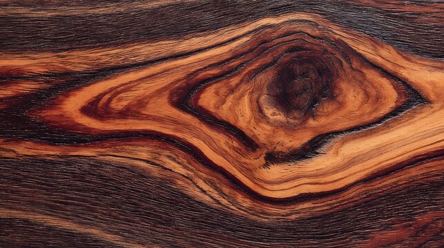 Highly figured exotic hardwood surface exhibits striking knot pattern and contrasting grain
