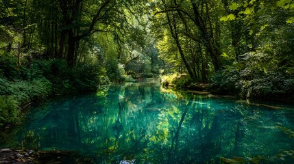 Obraz premium Tranquil turquoise water flows gently through a dense, lush green woodland environment.