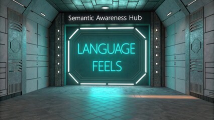 Futuristic corridor with neon lights showcasing the phrase "Language Feels" in a semantic awareness hub environment