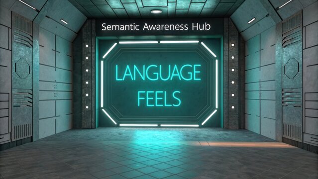 Futuristic corridor with neon lights showcasing the phrase "Language Feels" in a semantic awareness hub environment