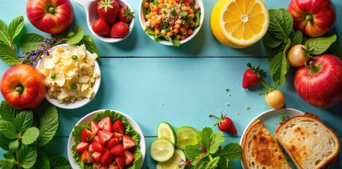 A vibrant spread of healthy and delicious lunch foods, featuring fresh salads, sandwiches, and fruit Perfect for a workplace lunch, picnic, or light meal , summer, autumn, grains