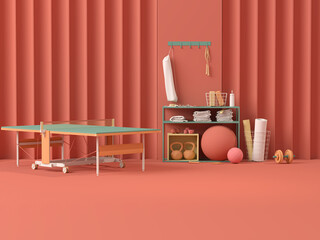 Sport fitness equipment, yoga mat, Kettlebell, dumbbells, table tennis on pastel orange yellow background. Trendy 3d render for fitness, lifting in the gym, gym at home.	