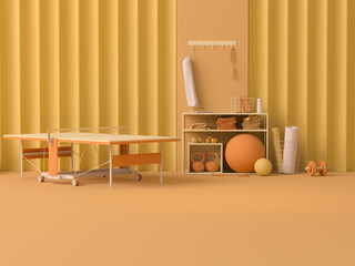 Sport fitness equipment, yoga mat, Kettlebell, dumbbells, table tennis on pastel orange yellow background. Trendy 3d render for fitness, lifting in the gym, gym at home.	