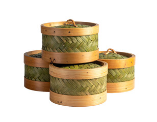 Four cylindrical woven bamboo containers with lids, stacked, isolated on black