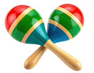 Two colorful percussion instruments, crossed, with painted red, green, and blue spheres