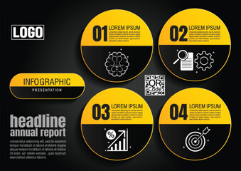 black and yellow bussiness infographic presentations, Dynamic layouts, data visualization, reports, timelines, icons, 4 workflow with minimal designs templates.
