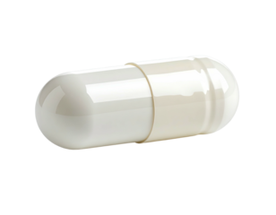 Close-up of an isolated, elongated, white capsule with a distinct seam