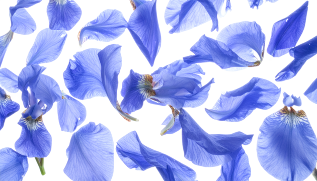 Beautiful vibrant blue and violet iris flower petals are scattered across a pristine white isolated backdrop, creating a natural floral pattern